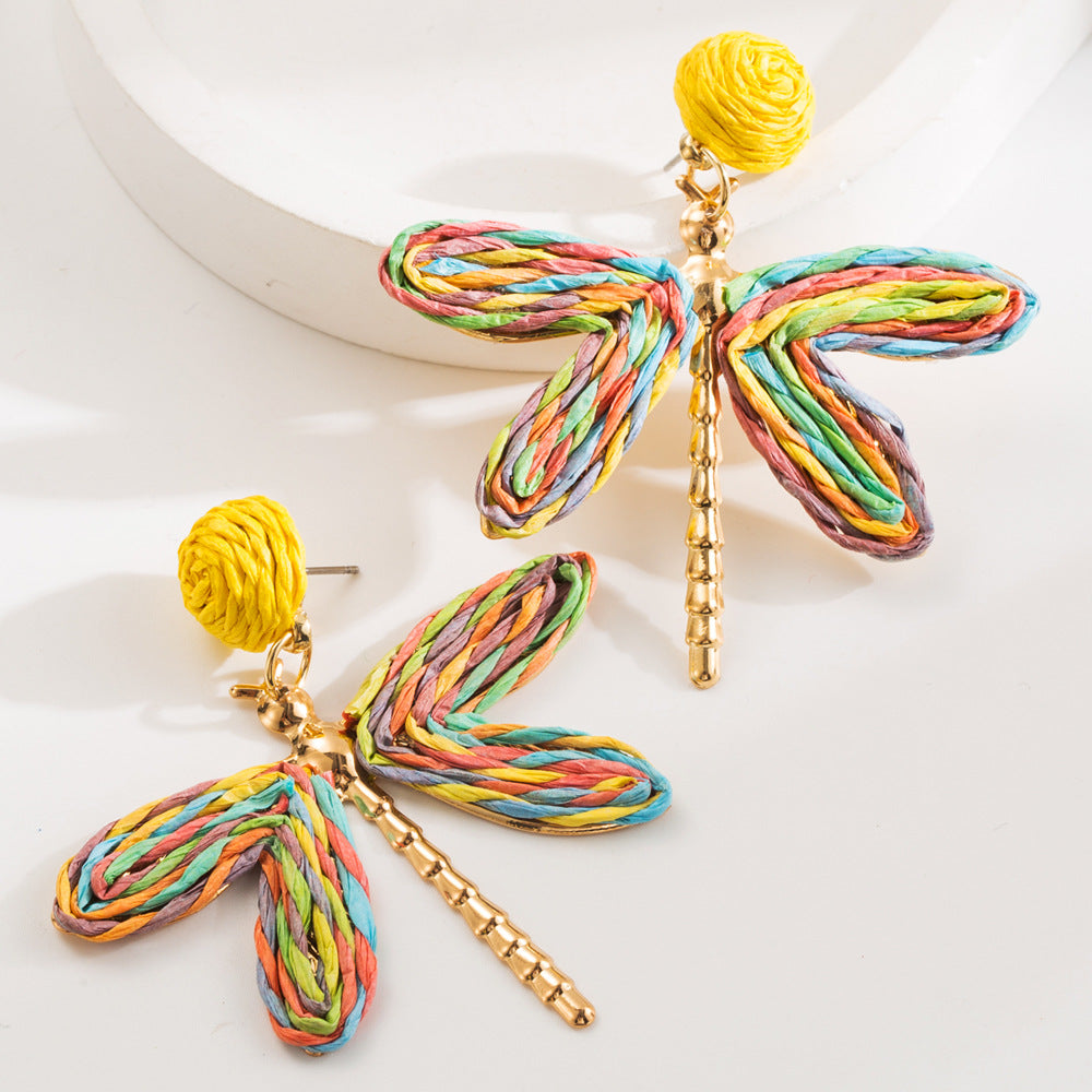 Wholesale Bohemian Holiday Style Hand-woven Raffia Dragonfly Earrings