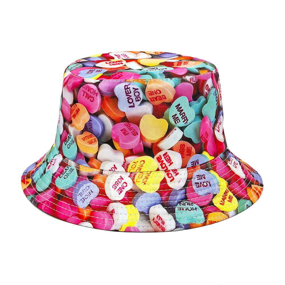 Wholesale Valentine's Day Love Candy Printed Fisherman Hat Couple Outdoor Sun Hat Children's All-match Double-sided Basin Hat