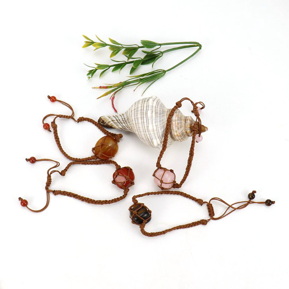 Wholesale Hand-woven Brown Jade Line Crystal Amethyst Stone Net Pocket Adjustable Bracelet