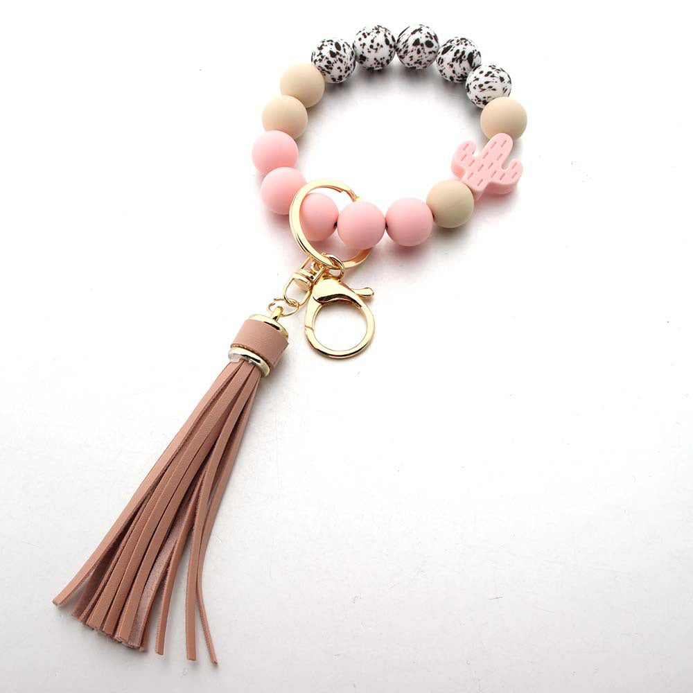 Wholesale Leopard Cactus Handmade Tassel Silicone Bead Wrist Keychain
