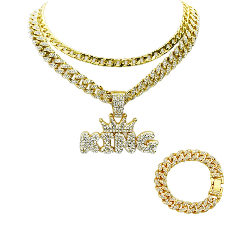 Wholesale Crown King Hip Hop Full Diamond Cuban Chain Bracelet Three-Piece Set