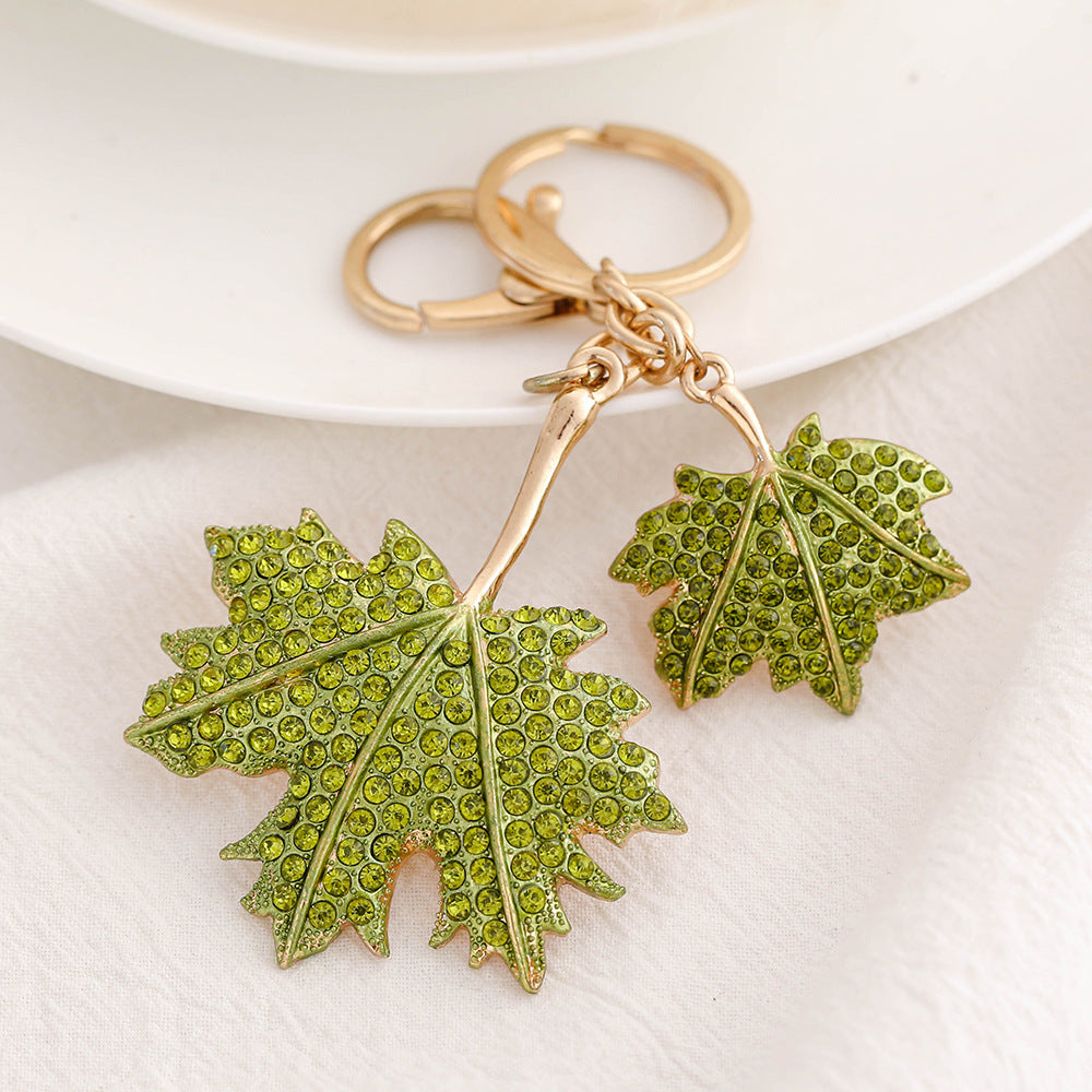 Wholesale Diamond Inlaid Metal Double Maple Leaf Keychain