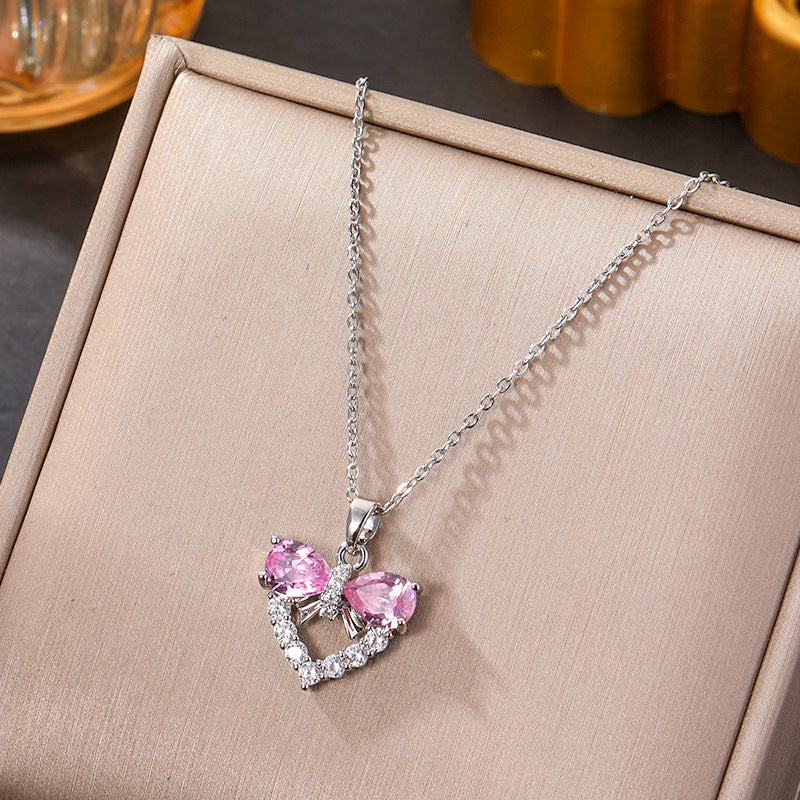 Wholesale Silver titanium steel necklace with powder zirconium inlay