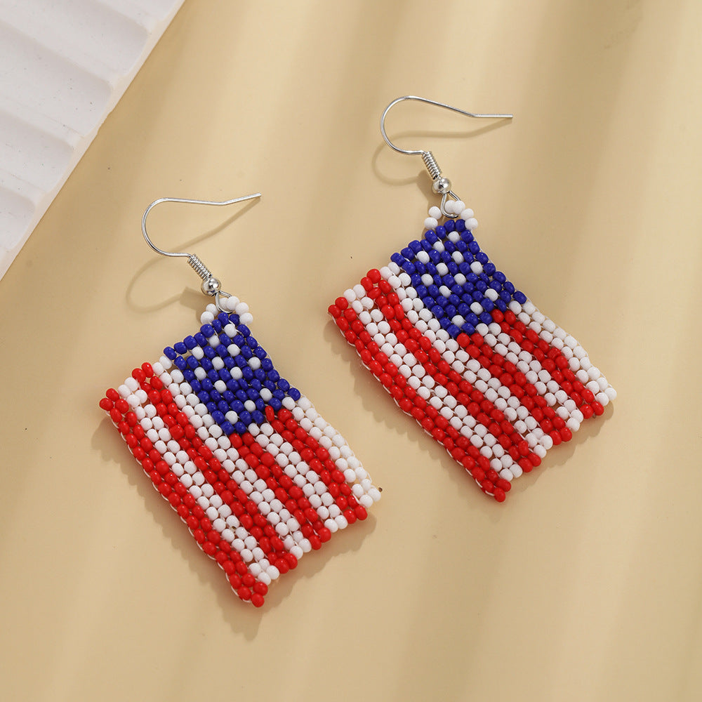 Wholesale of American Flag Rice Bead Tassels Hand Woven Earrings