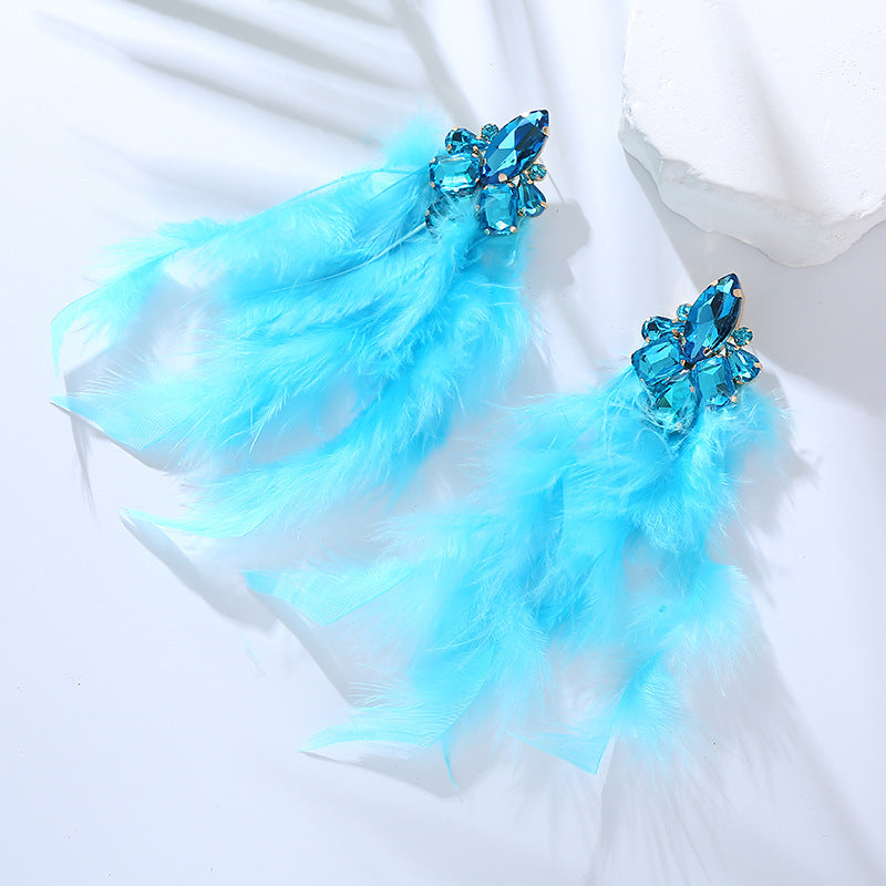 Wholesale Alloy Diamond Feather Flower Long Temperament Tassel Earrings