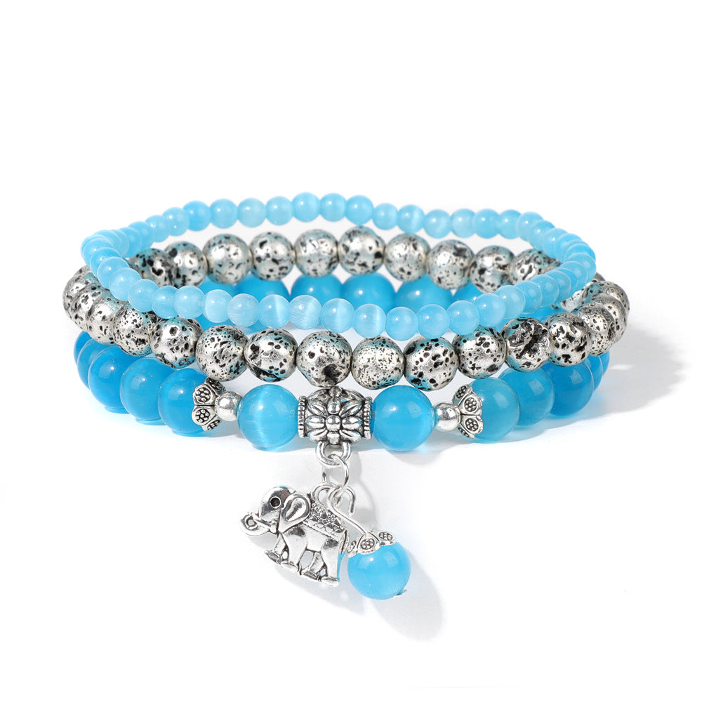 Cuentas de piedra natural al por mayor cuentas de piedra volcánica colgante de elefante de tres capas pulsera