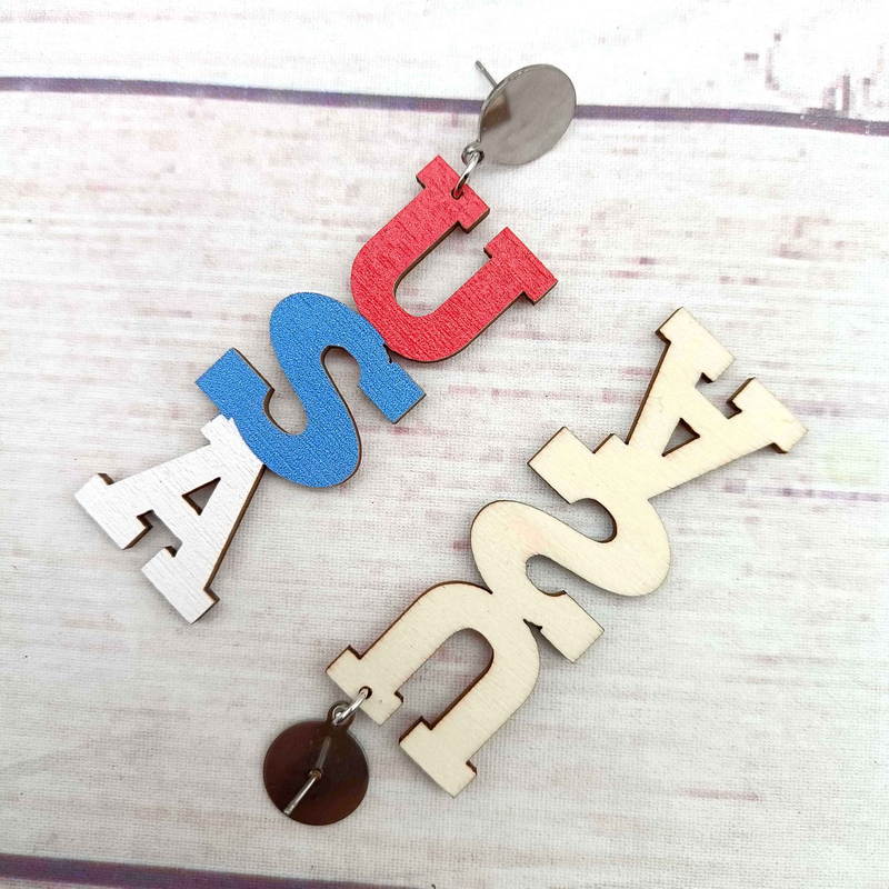 Wholesale Independence Day Flag Wooden Colorful Alphabet Stainless Steel Earrings