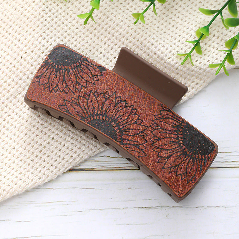 Wholesale Western Retro PU Leather Shark Hair Clip With Sunflower Print Minimalist Women S Hair Accessory Everyday Styling And Boutique Resale