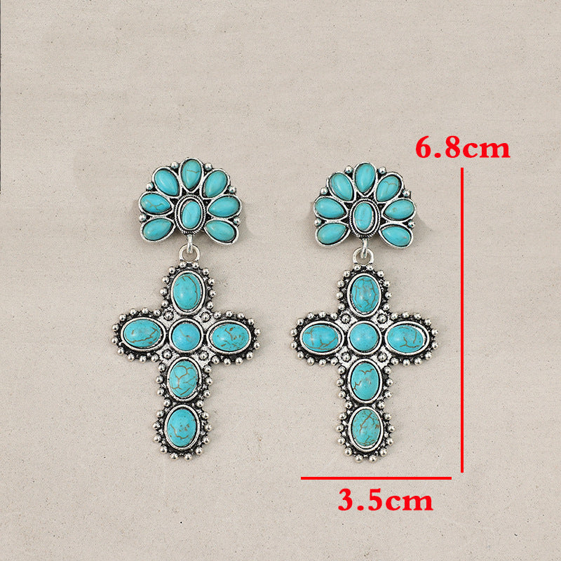 Wholesale Western Style Vintage Cross Stitching Half Flower Inlaid Turquoise Earrings