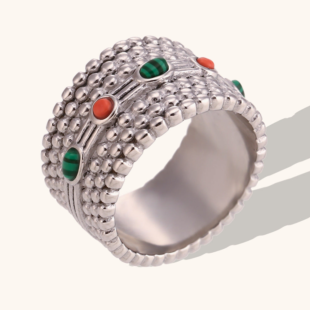 Wholesale Colorful Natural Stone Polka Dot Stainless Steel Gold Plated Rings