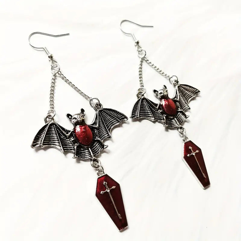 Wholesale Dark Gothic style exaggerated red vampire bat blood mirror earrings