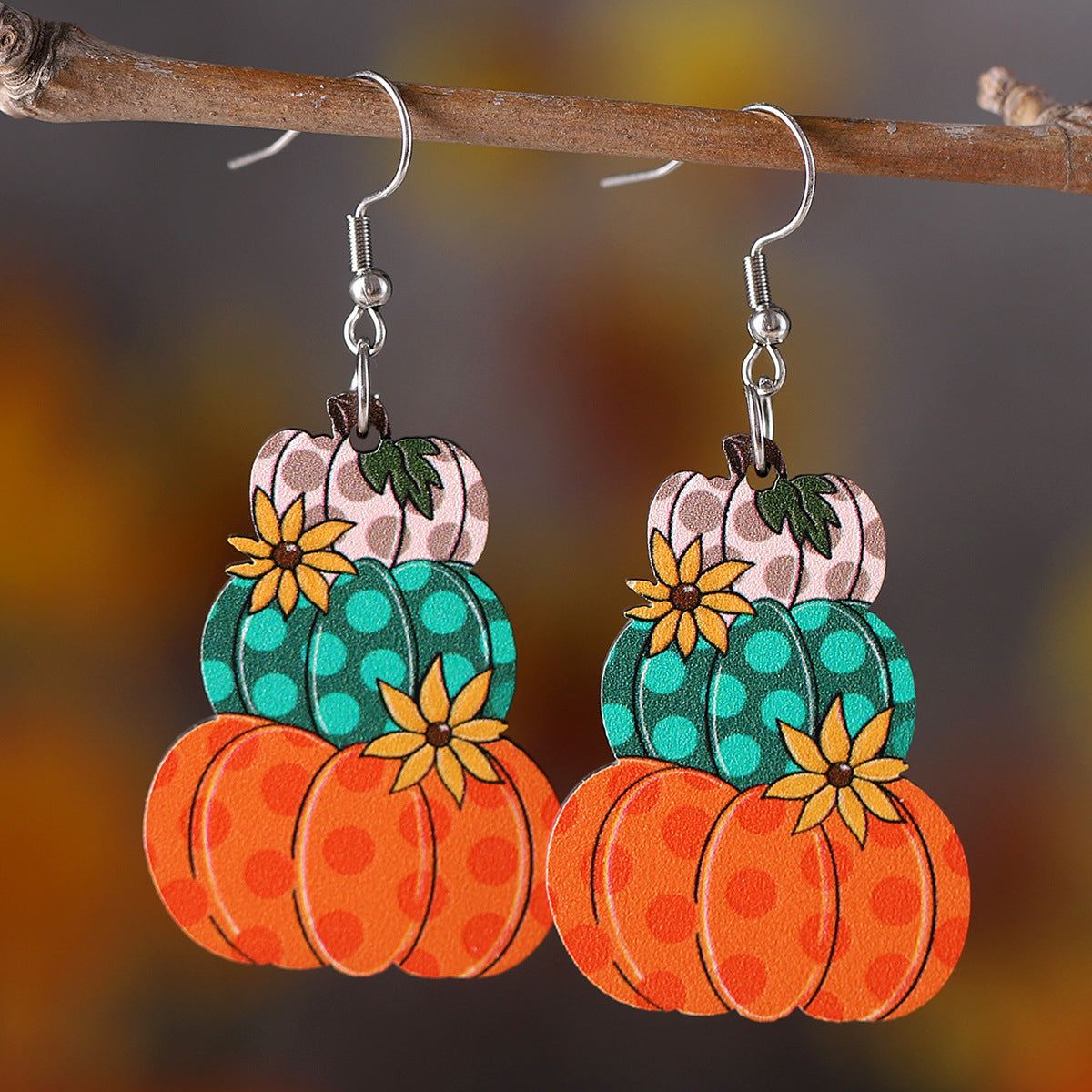 Wholesale Thanksgiving Wave Plaid Pumpkin Wooden Double-sided Earrings