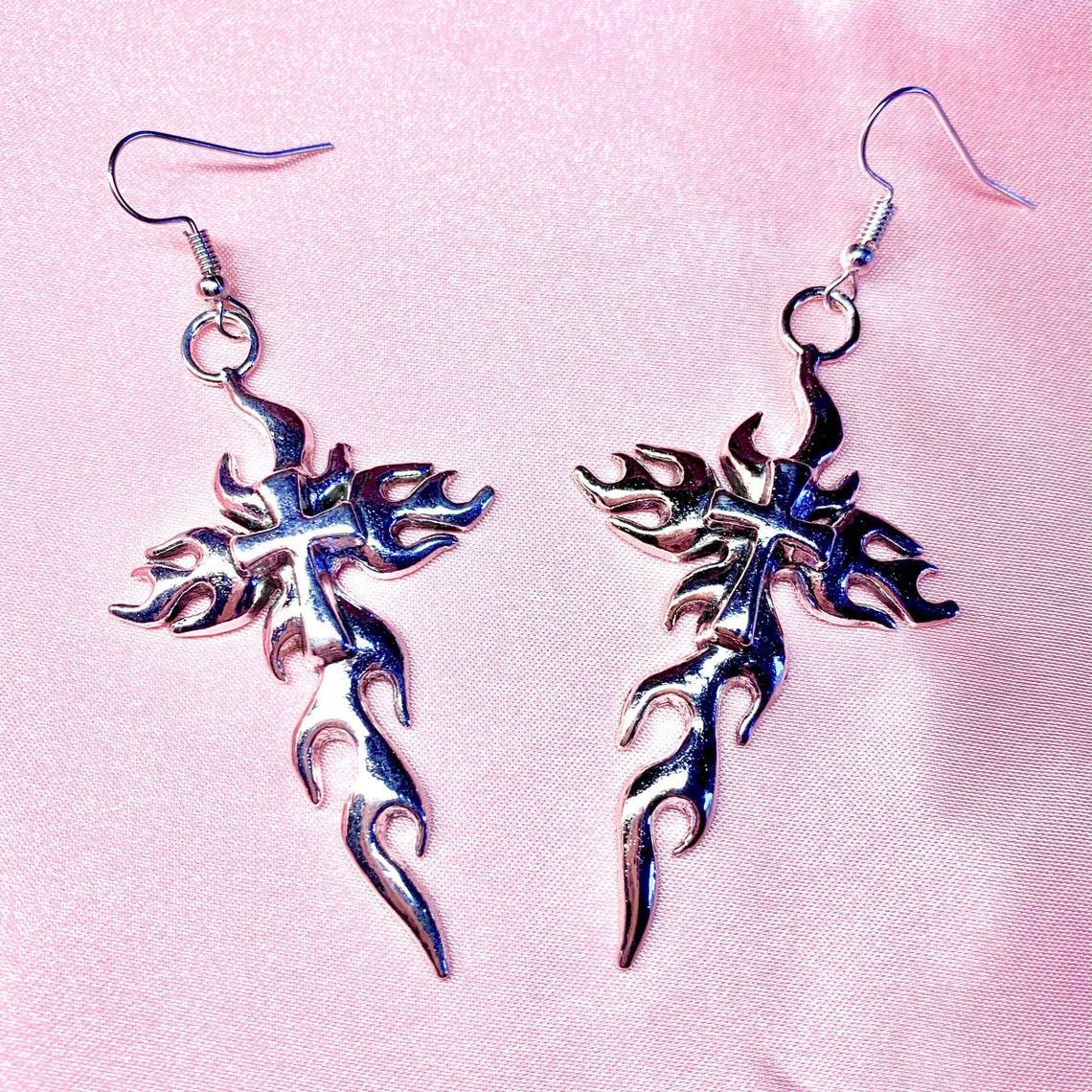 Wholesale Gothic Punk Silver Flame Earrings