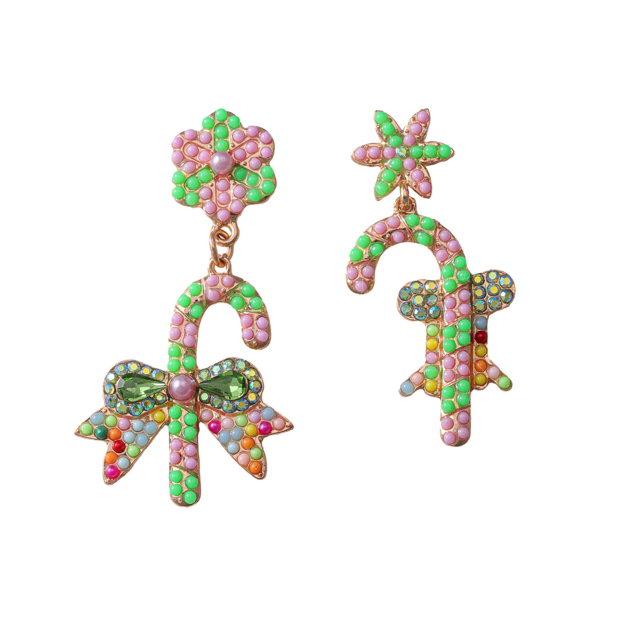 Wholesale Christmas Cute Bow Candy Cane Alloy Earrings