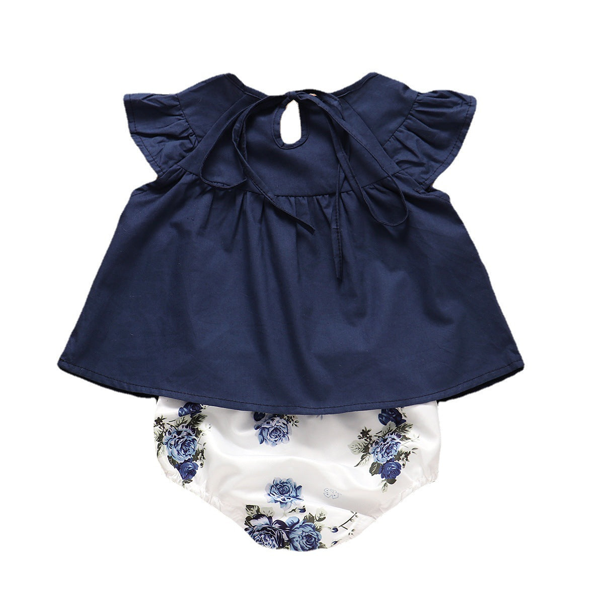 Wholesale Blue Flying Sleeve Top Girls Floral Cover Fart Short Skirt Two-piece Set Baby Clothes
