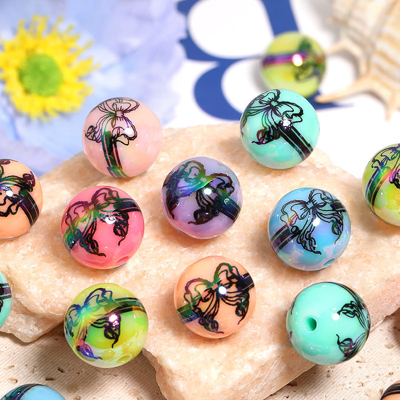 Wholesale 100pcs Ribbon Bow Print UV Electroplated Solid Color Acrylic Beads