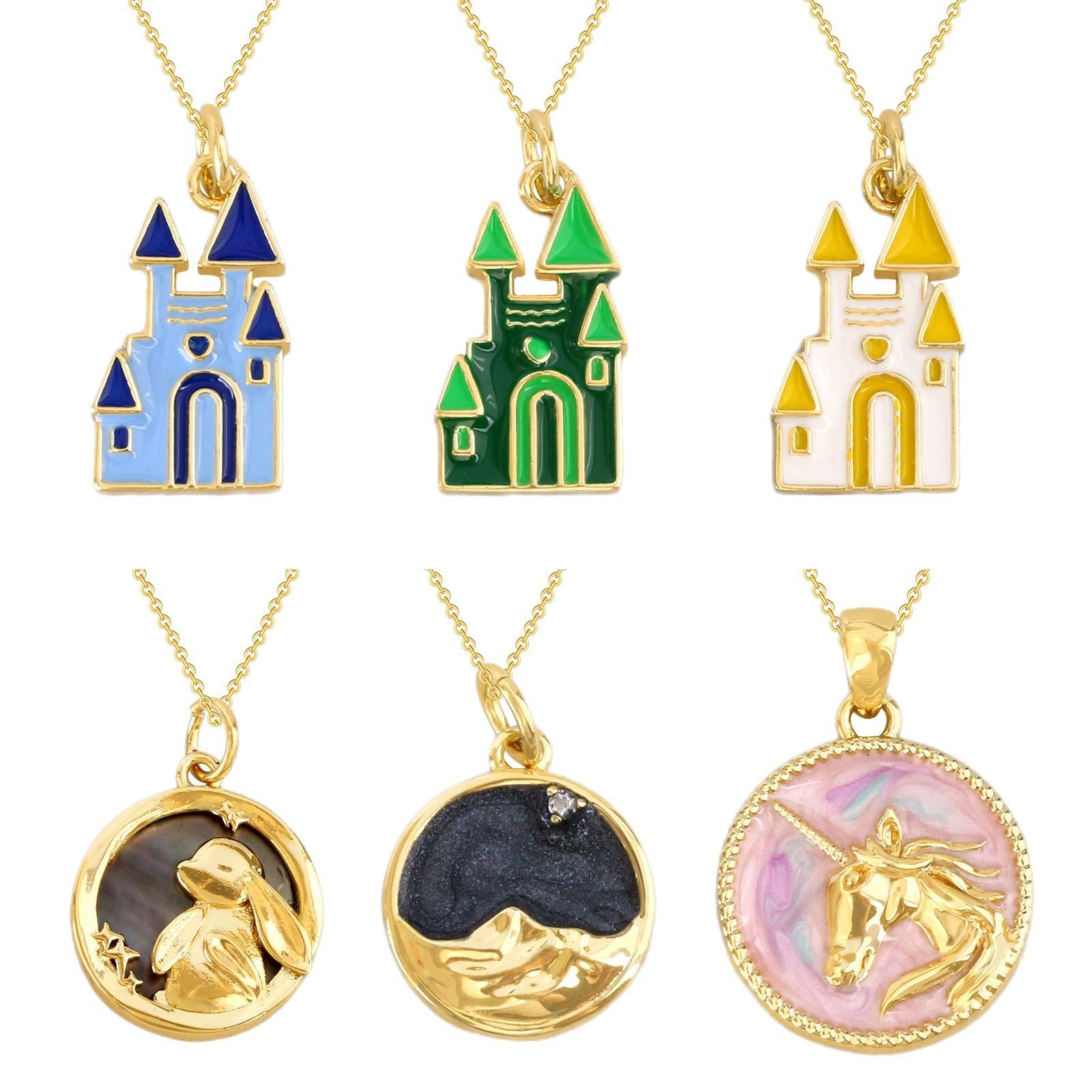 Wholesale Rabbit Unicorn Castle Pendant Necklace Christmas Theme 18K Gold Plated Copper Gift Boutique Resale