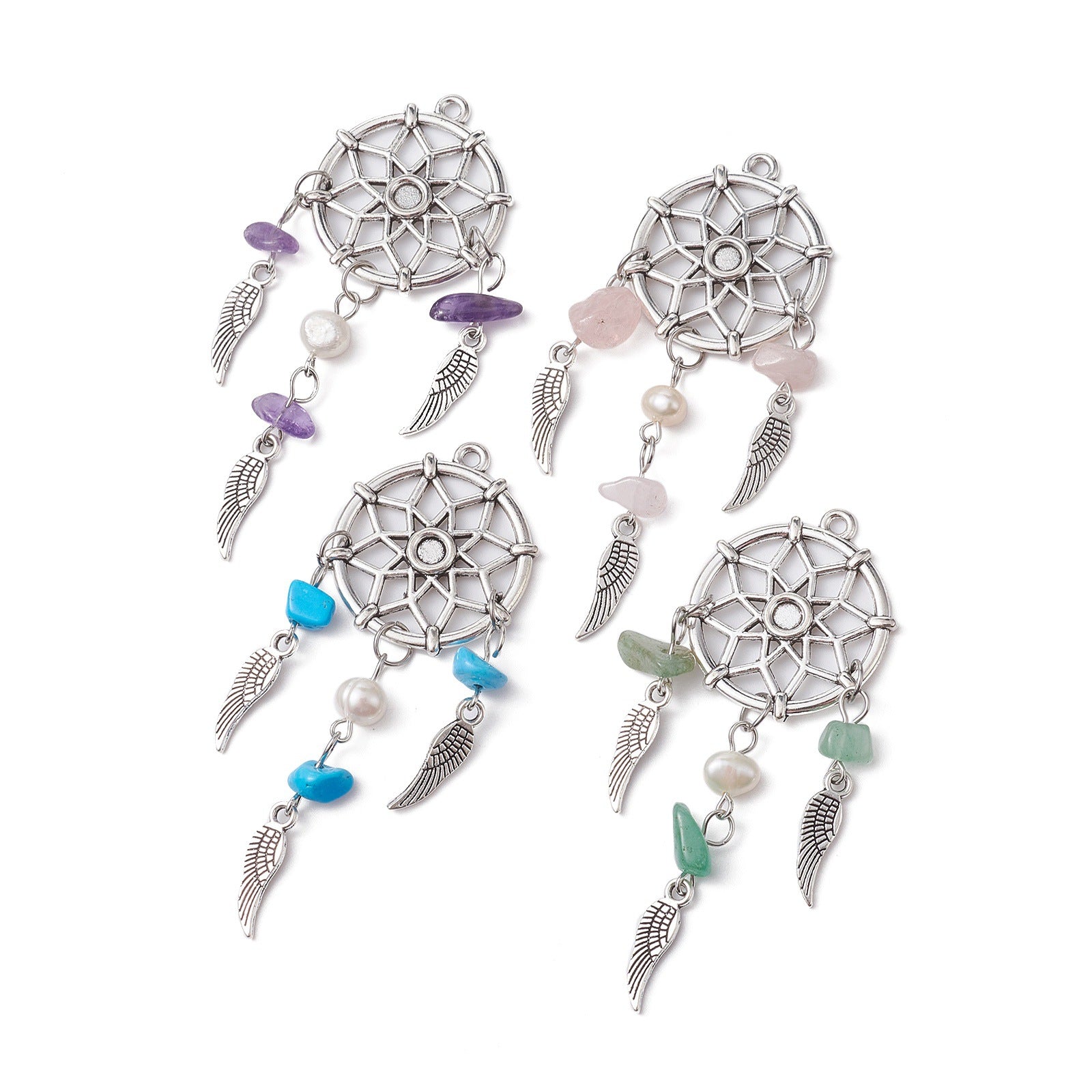 Wholesale Natural crystal stainless steel gravel dream catcher keychain ring pearl DIY tassel pendant