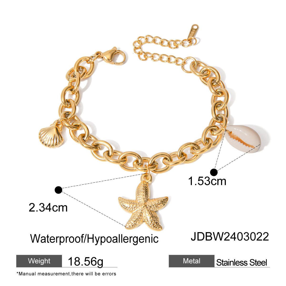 Wholesale Summer Ocean Starfish Shell Conch 18k Gold Stainless Steel Bracelet