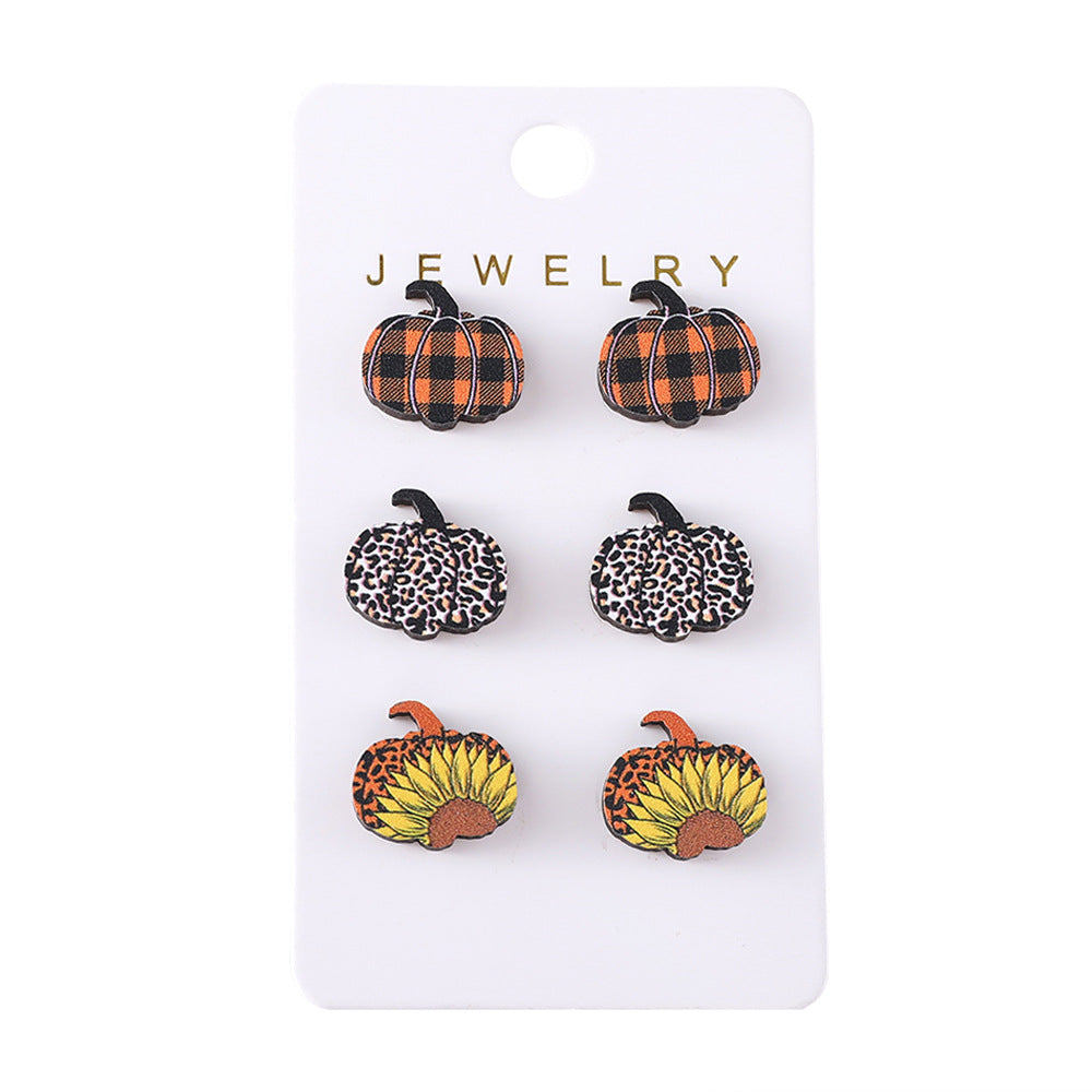 Wholesale Autumn Thanksgiving Leopard Plaid Star Pumpkin Wooden Earrings