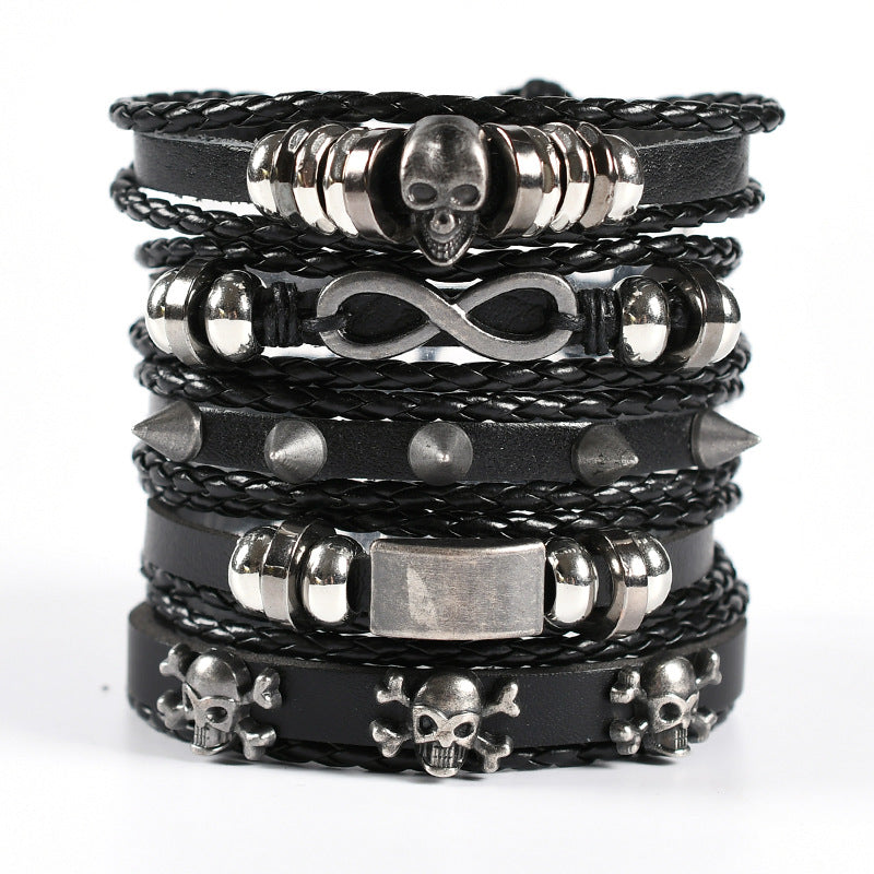 Wholesale Men's Braided Leather Bracelet Multi-layer Set Skull Bracelet