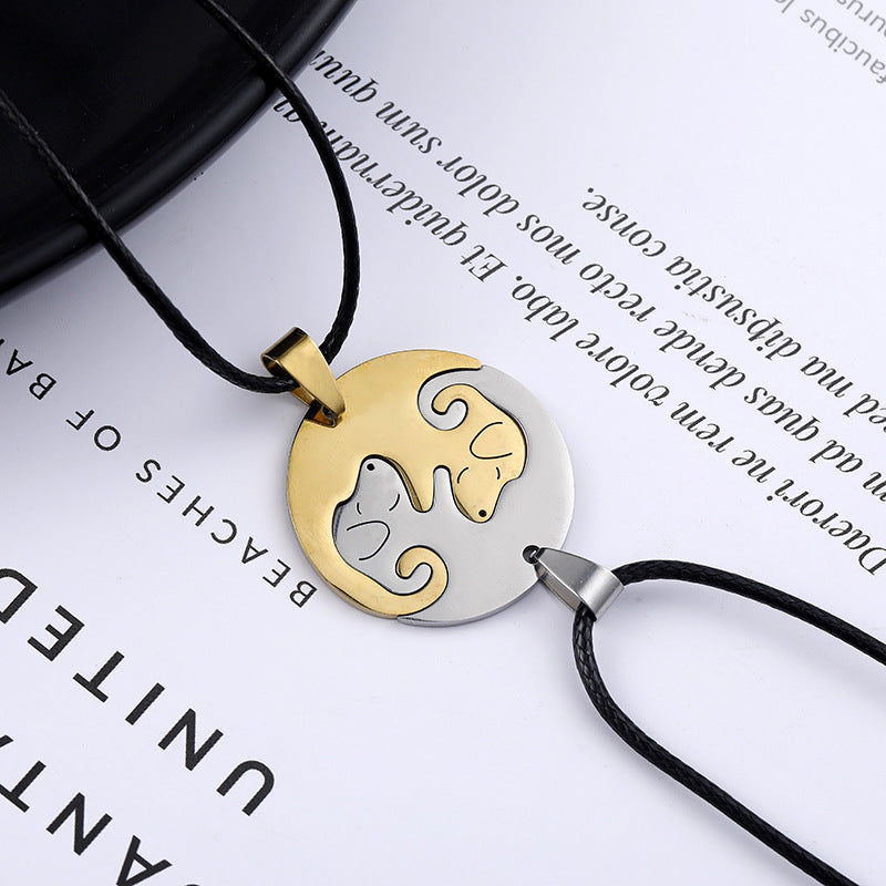 Wholesale A variety of stainless steel black and white cat pendant lovers necklace creative hug shape stitching Valentine's Day