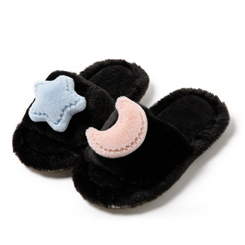 Wholesale Moon and Stars Contrasting Color Open Plush Cotton Slippers