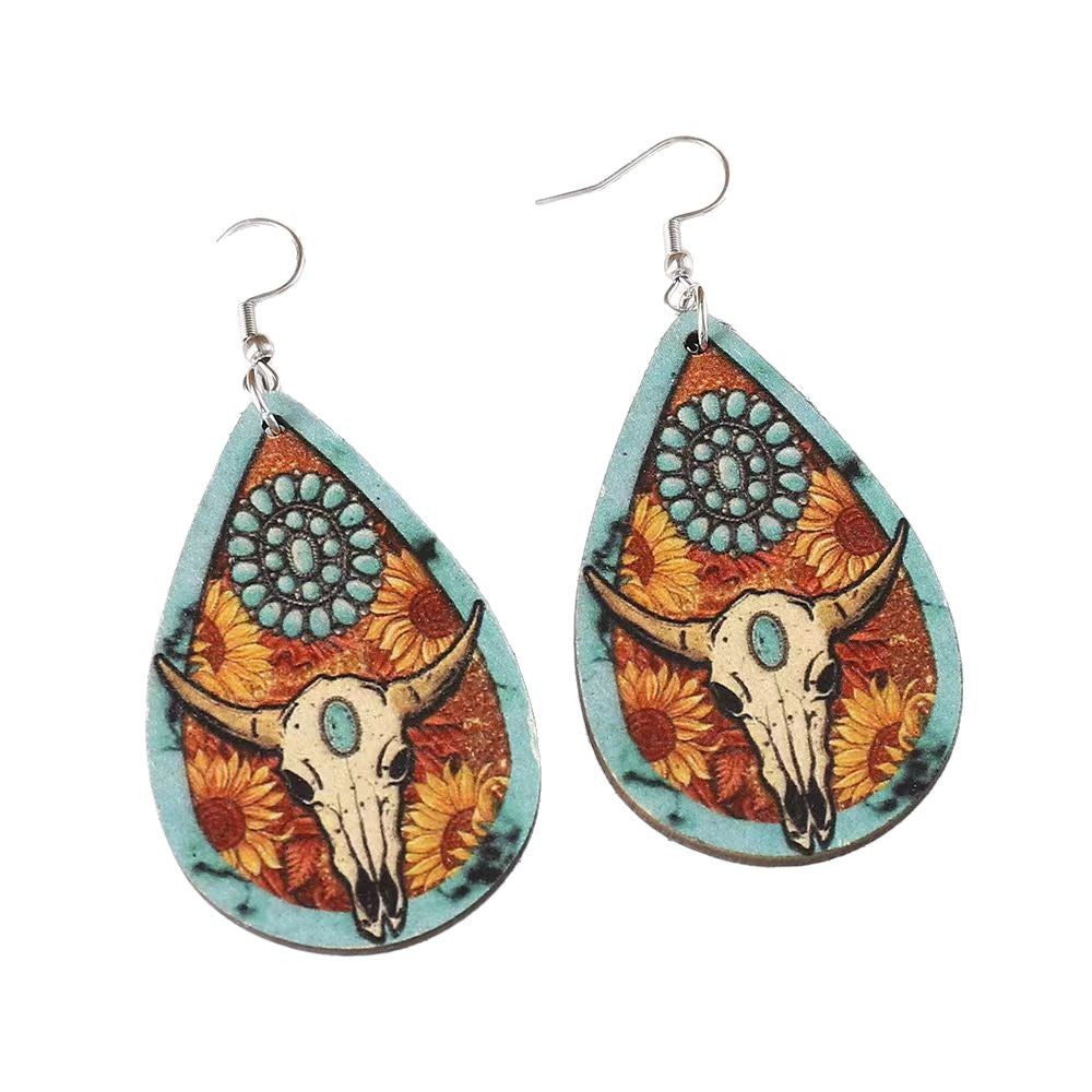 Wholesale Bull head print teardrop earrings