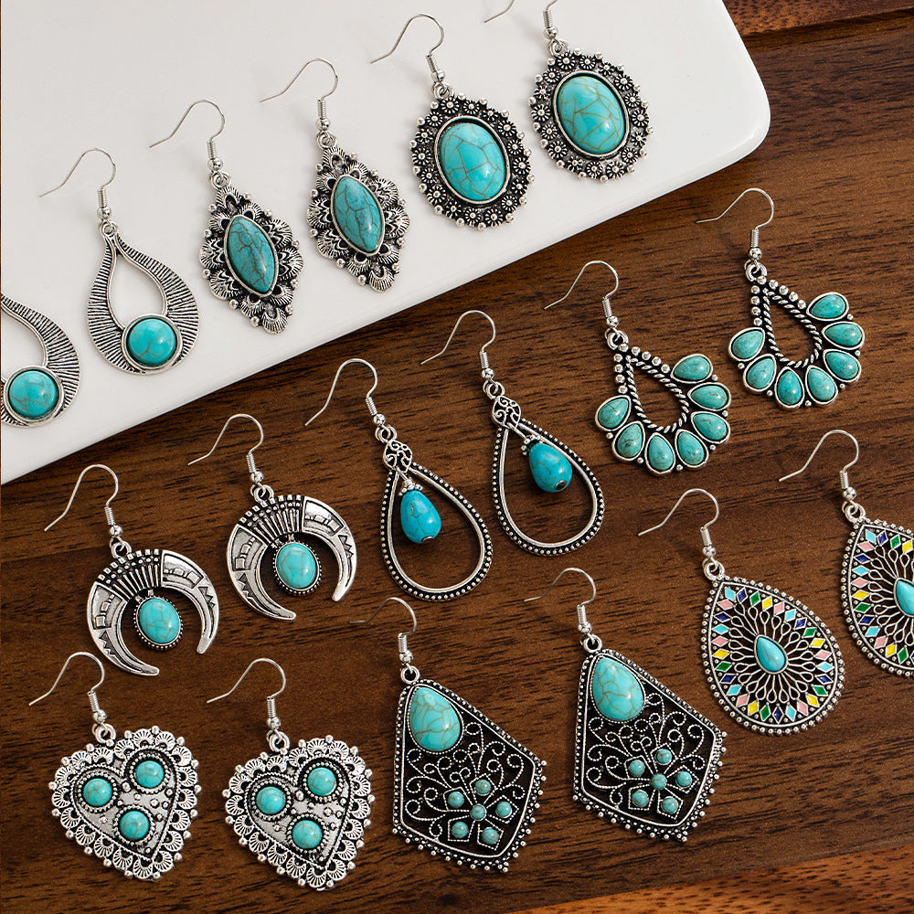 Wholesale 10pcs Vintage turquoise earrings geometric inlay Bohemian alloy personality earrings