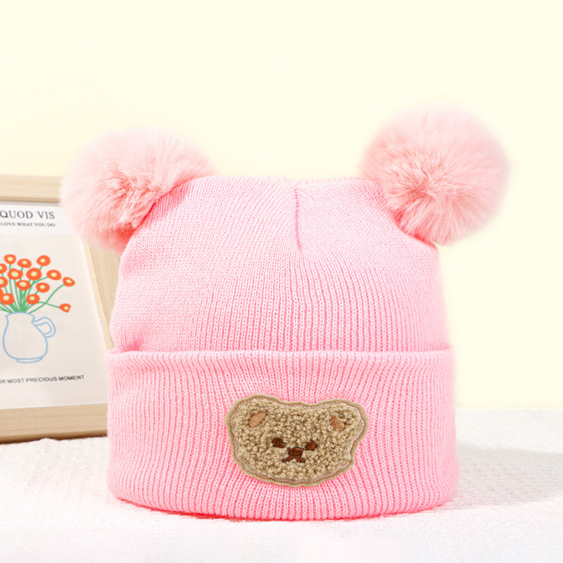 Wholesale Children's Fur Ball Knitted Hat Bear Embroidered Warm Woolen Hat