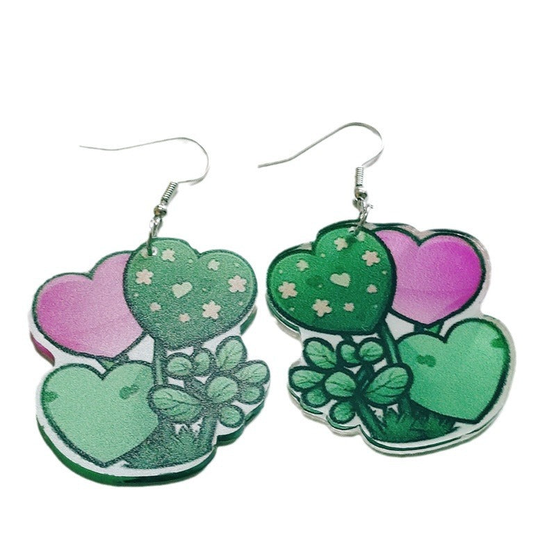 Wholesale St. Paric festival colorful double-sided heart-shaped green plant clover acrylic earrings