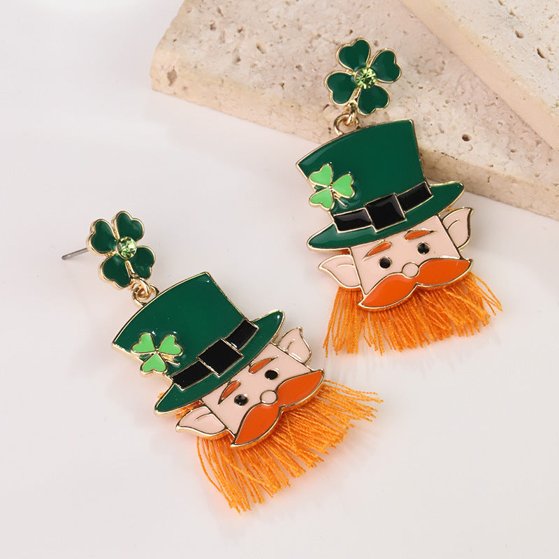 Wholesale St. Patrick's Carnival Four-leaf Clover Head Tassel Earrings Alloy Oil Drop Irish Hat Earrings