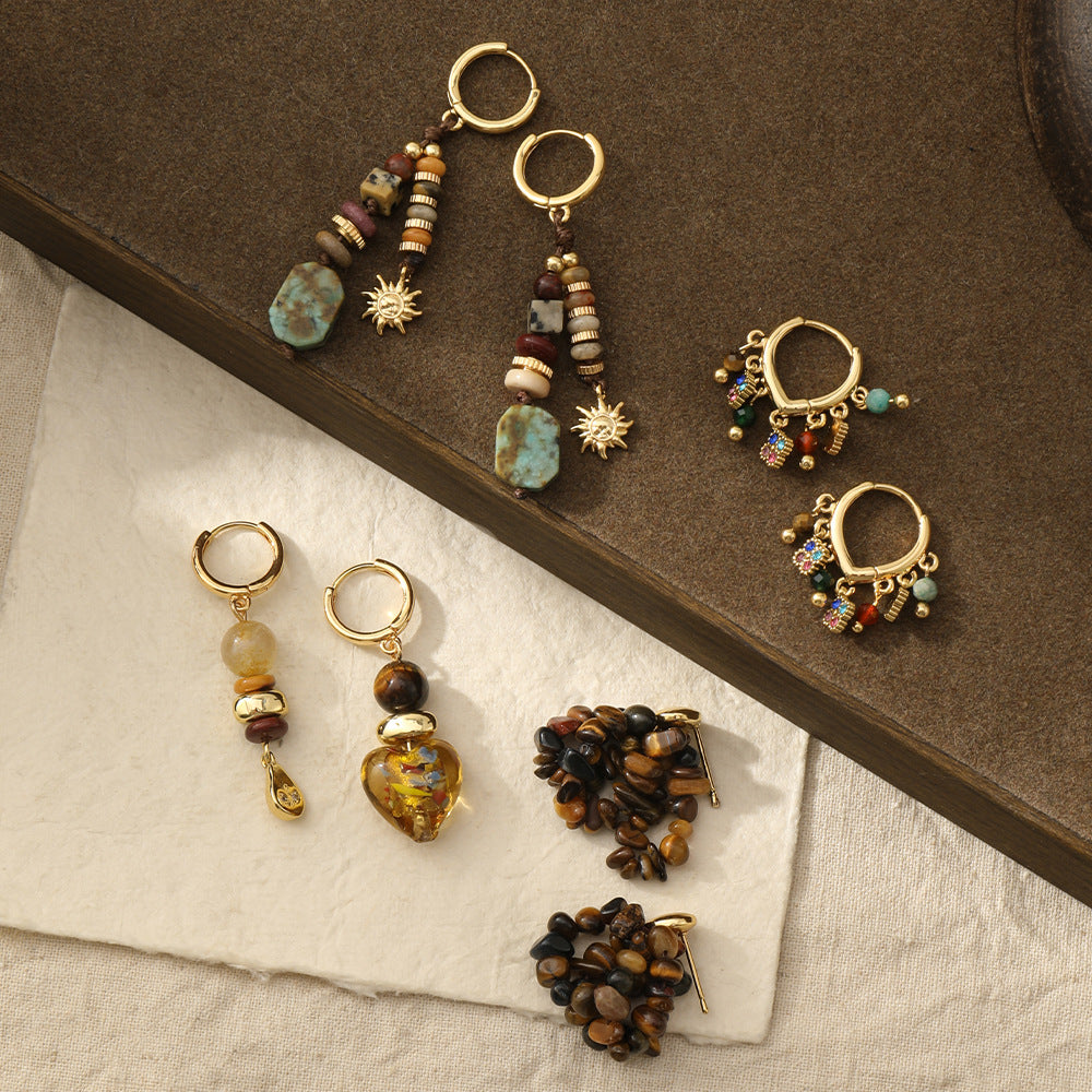 Wholesale Amber flowing light ethnic style natural stone long earrings