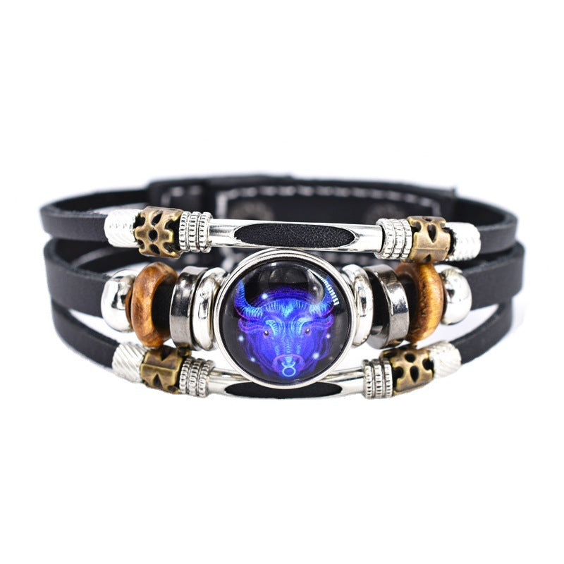 Wholesale Twelve Constellation Glow Couple Leather Strap Bracelet