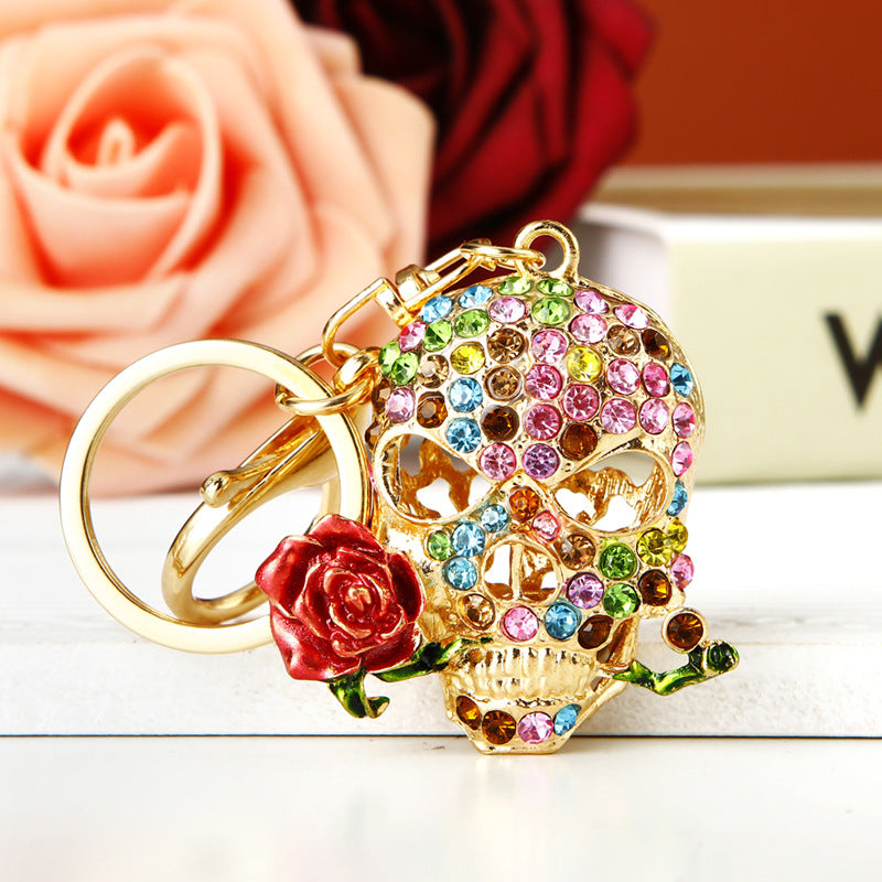 Wholesale Diamond Inlaid Rose Skull Metal Keychains