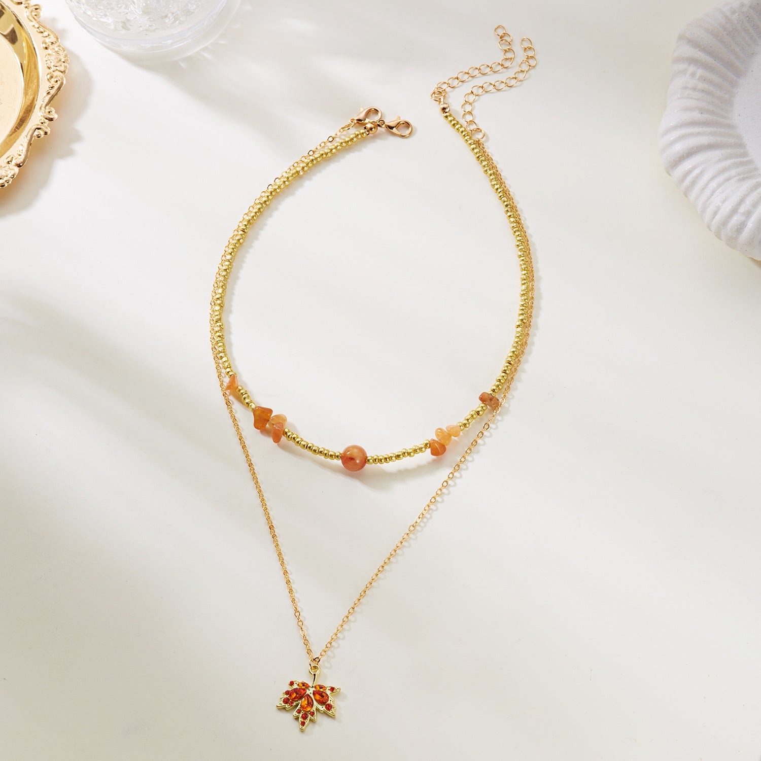 Wholesale Maple Leaf Red Diamond studded Rice Bead Crushed Stone Necklace