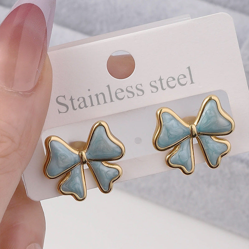Wholesale Stainless Steel Fashion Light Luxury Versatile Bow Drop Oil Love Enamel Colored Titanium Steel Earrings
