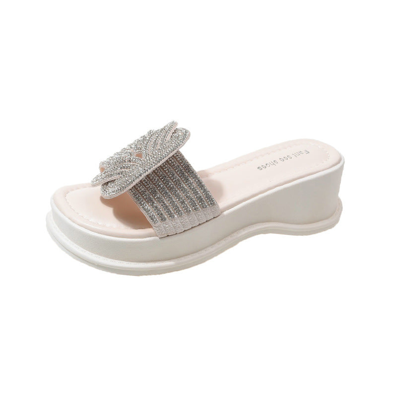 Wholesale French Style Thick-soled Outerwear Fashionable Rhinestone Heightened Wedge Sandals