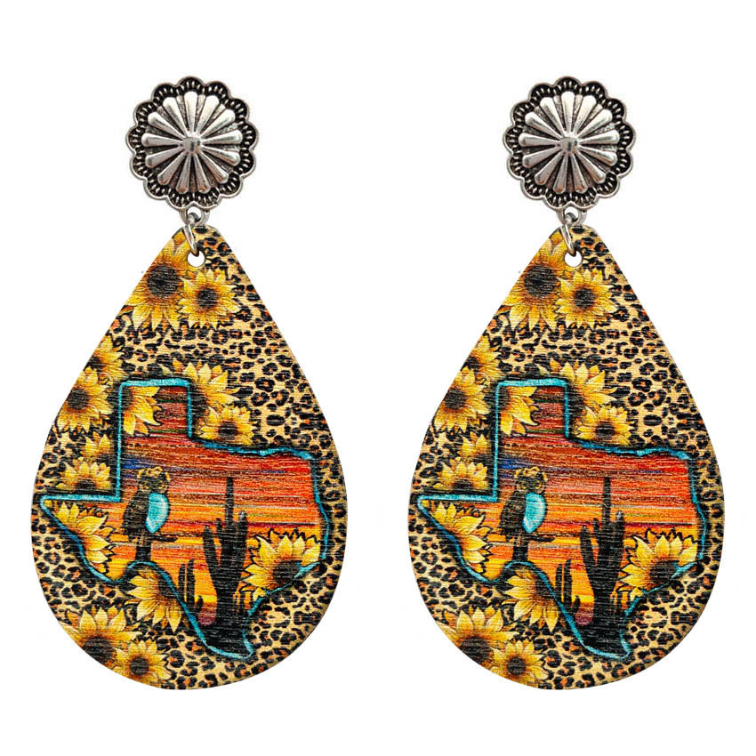 Wholesale Western Style Cow Pattern Sunflower Texas Map Leather Drop Earrings