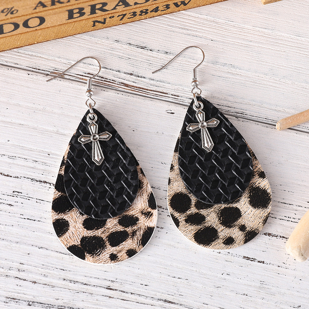 Wholesale Western style leopard print double-layer teardrop cross PU earrings