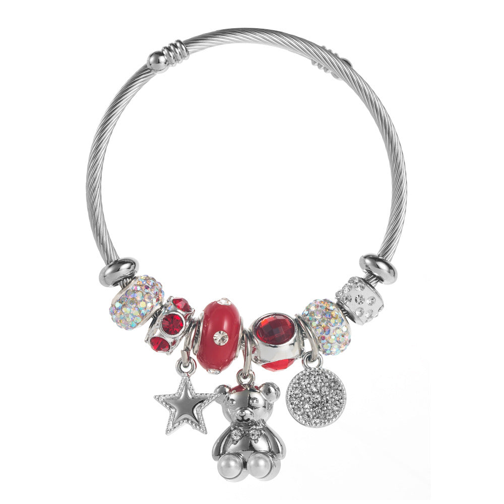 Wholesale  New Style Personalized Creative DIY Bear Star Round Stainless Steel Bracelet Alloy Diamond Adjustable Bracelet