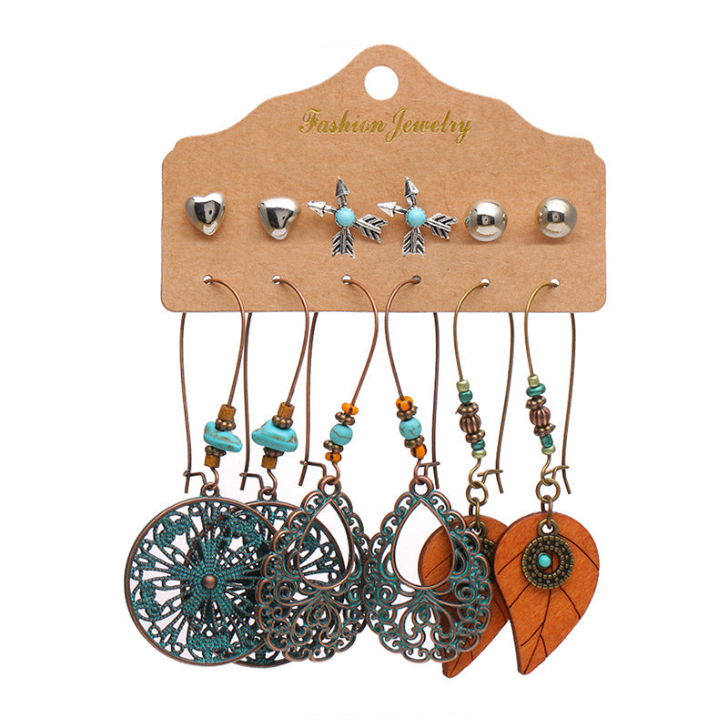 Wholesale Gem Hollow Half-circle Leaf Feather Vintage Earrings 6 Pairs Set