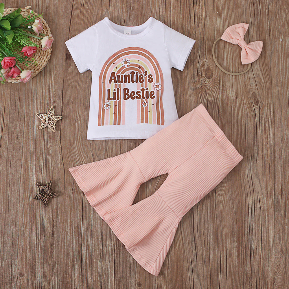 Wholesale Children's MAMA Rainbow Printed Short-sleeved Flared Pants Bow Hair Rope Three-piece Set