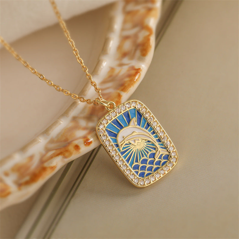 Wholesale Colorful Drip Oil Shell Conch Tarot Pendant Necklace with Micro Set Colored Zircon