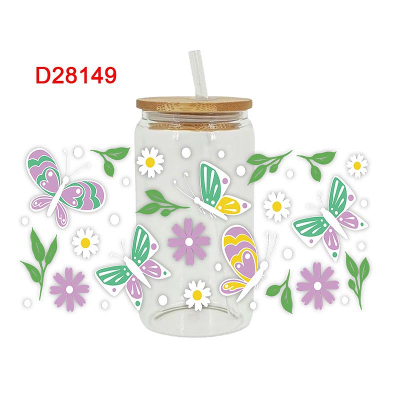 Wholesale Colorful Butterfly Flower Mushroom 16oz Cup UV DTF Wraps