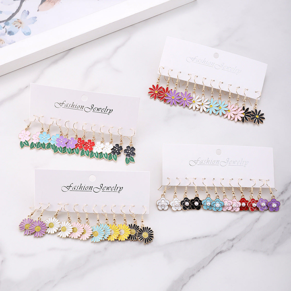 Wholesale Bohemian Colorful Small Flower Oil Drop Pendant Earring Set