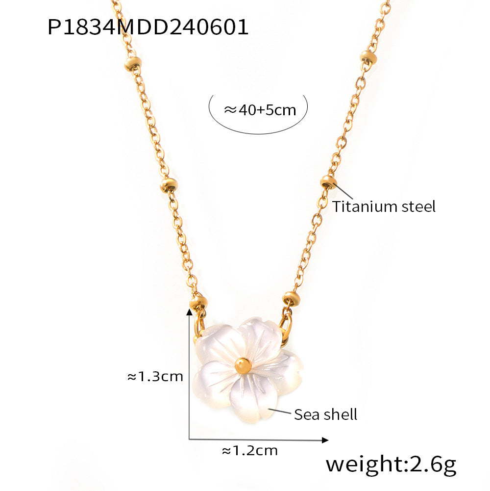 Wholesale White Sea Shell Flower Pendant Clip Bead Chain Titanium Steel Necklace