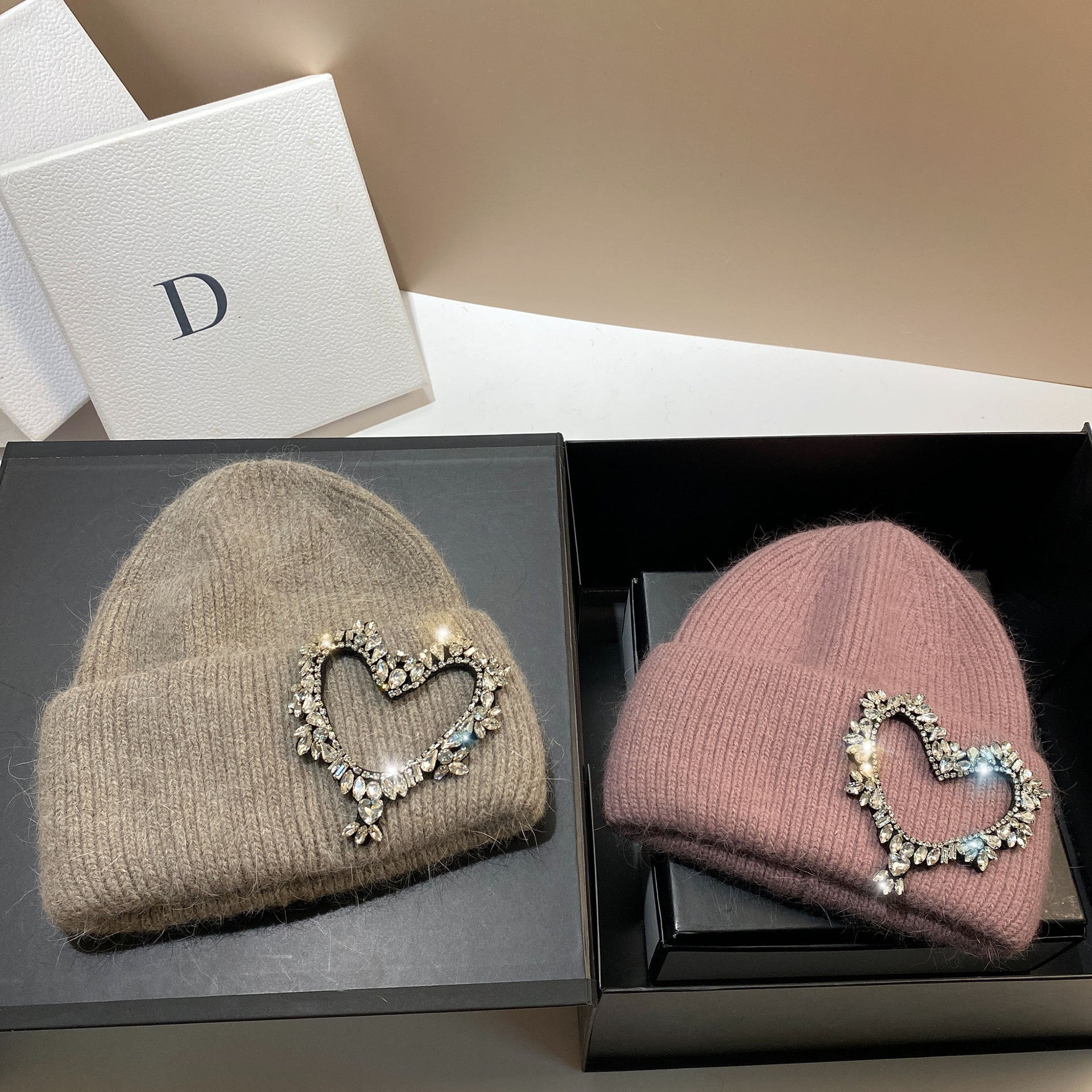 Wholesale Heavy Industry Hand Sewn Rhinestone Heart Rabbit Fur Earmuffs Knitted Hat