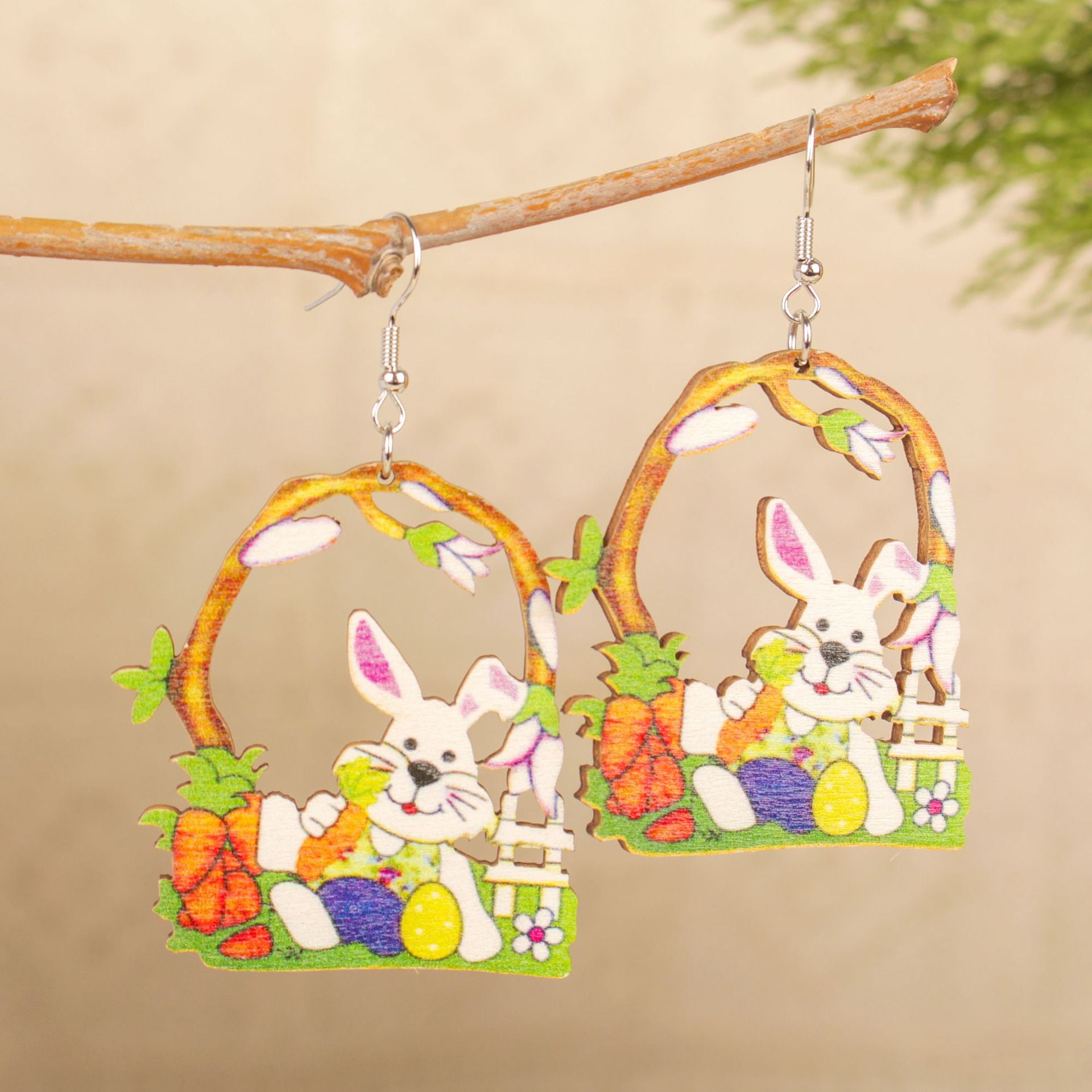 Wholesale Easter Rabbit Easter Egg Basket Splicing Wooden Earrings