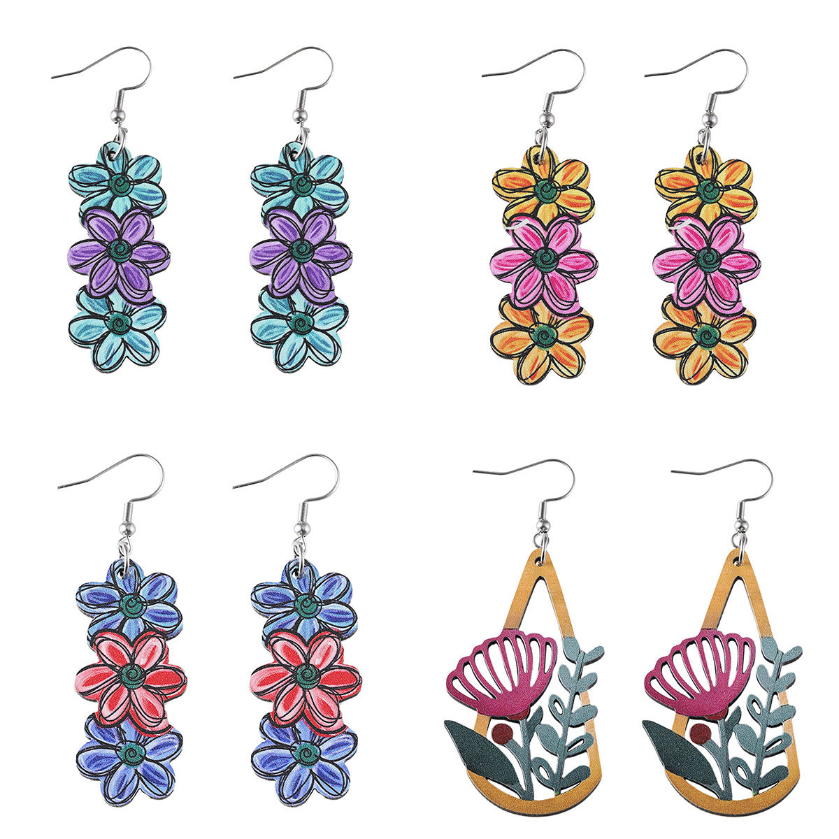 Wholesale Bohemian Color Flower  Wooden Double-Sided Earrings